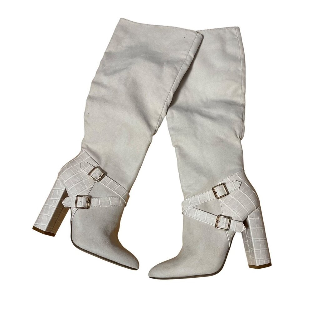 Knee-High JustFab Ivory Textured Heel Boots With Buckle Sz 6 Block Heel Alligato